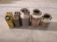 (3) Vintage Cream Cans and (2) Vintage Gas Cans