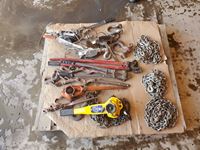 Pallet of (4) Assorted Chains, (4) Come Alongs, (4) Boomers, Bolt Cutters, 
