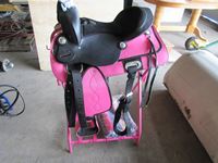    14" Double TT Black & Pink Saddle, Purple Stand, Black & Pink Blanket (new)