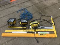    (3) Work Lights, Extension Cords, Squares, Level in Case