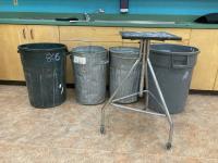 Assorted Garbage Cans & Adjustable Mobile Table