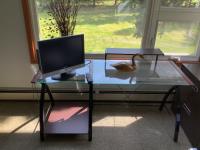 Small TV with DVD Player, Glass Table, and Wooden Table with Drawer 