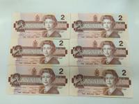 (6) 1986 Royal Canadian Mint Two Dollar Bills