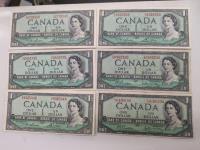(6) 1954 Royal Canadian Mint One Dollar Bills
