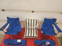 (2) Sunbrella Patio Seat Cushions, (2) Folding Quad Chairs with Carrying Bag