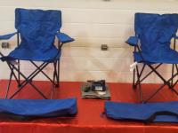 (2) Folding Quad Chairs with Carrying Bag Royal Blue Chairs, Pit Stop 12 Volt Compressor with Gauge
