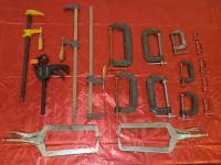 (18) Wood and Metal Clamps and Quantity of Vise, Light, Hats
