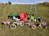 Qty of Childrens Toys, Bikes, Three Step Aboveground Pool Ladder and Pool Lounge Chair