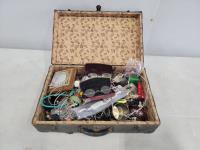 Vintage Suitcase with Various Jewelry and Glasses