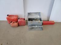 (3) Jerry Cans, Flare Kit, Metal Tool Box with Contents