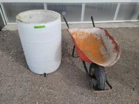 Wheelbarrow and Poly Rain Barrel