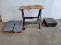 (2) 2 Ft Long Step Stools, Saw Horse Work Bench and Metal Control Box 