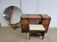 Antique Makeup Dresser with Mirror and Bench/ Waterfall Style