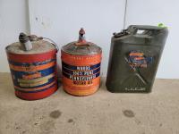 (2) 5 Gallon Antique Oil Jugs and (1) Metal Motor Oil Can 