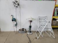 Small Patio Propane Heater, Qty of Flower Pots, Garden Statues and (2) Hangers 