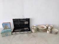 Qty of Dishes, BBQ Set and (2) Tins 