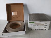 (2) Boxes of 19-1/2 Inch X 19-1/2 Inch Carpet Tiles and 120 Ft of Vinyl Baseboards (Camel Color) 