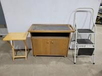 Wheeled Bar Cabinet, TV Tray and 3 Step Ladder