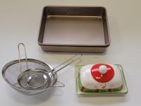 Baking Pans, Butter Dish and (3) Sieves