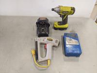 Ryobi 18V Drill with Charger, Stanley Sharpshooter Stapler and Drill Bit Set