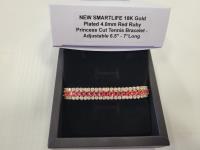 Smartlife 18K Gold Plated 4.0 mm Red Ruby Princess Cut Tennis Bracelet