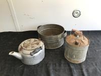 Tin Jerry Can w/ Tea Pot & Metal Bucket w/ Sieve 