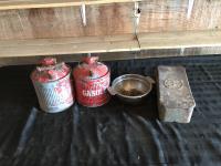 (2) Jerry Cans w/ a Bowl w/ Nails & Tin 