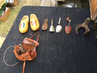Pair of Decorative Wooden Shoes, Bag & (5) Cobbler Tools 