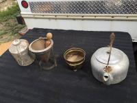 Tea Pot, Brass Pot, Strainer Colander & Metal Container 
