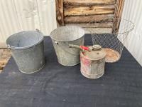 (2) Metal Buckets, Trash Can & Jerry Can 