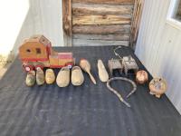 (5) Wooden Shoes, Wooden Truck Toy, Wooden Snake, (2) Piggy Banks & (2) Mouse Traps