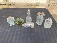 (5) Glass Bottles, Ship in a Bottle & Glass Bowl 