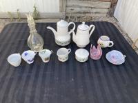 (6) Mugs, (2) Tea Pots & 4 Chamber Glass Decanter