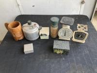 (2) Scales, (3) Boxes, Tea Pot & Wooden Cup