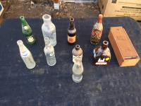 (9) Glass Bottles & Wooden Bottle Box 